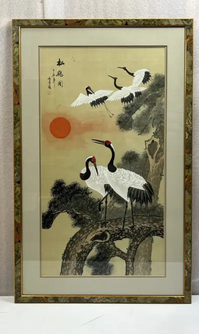 Schilderij Chinese kraanvogels Song He Tu ingelijst – kavel bij De Kringwinkel, Oostkamp