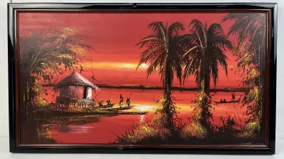 Schilderij Nsimba Congo Afrikaans rivierlandschap zonsondergang – kavel bij De Kringwinkel, Oostkamp