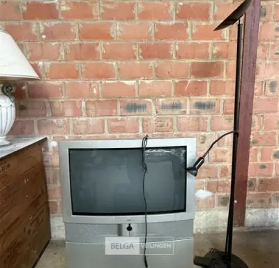 Klassieke 100 Hz CRT-televisie van Loewe Systems en staanlamp – kavel bij Belga Veilingen, Zonhoven