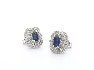 Witgouden design oorbellen met diamanten en saffier – kavel bij Onlineveilingmeester