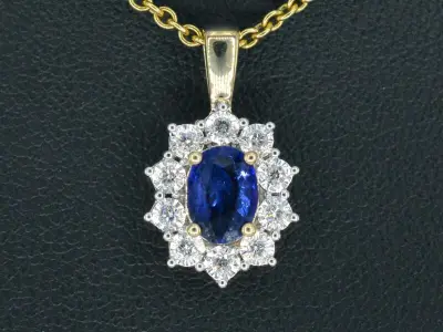 Gouden entourage hanger met diamanten en saffier (excl. ketting) – kavel bij Onlineveilingmeester