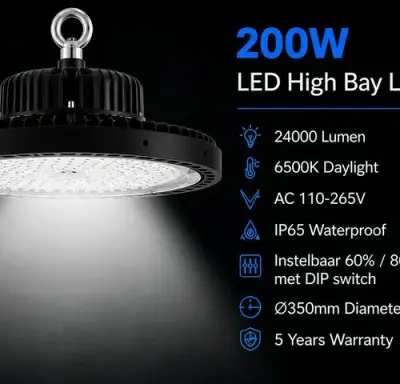 5 x LED Highbay UFO PRO 200W – Instelbaar 60% / 80% / 100% – 6500K – WEB-200 – kavel bij Belga Veilingen