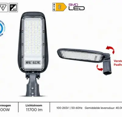 5 x LED Straatlamp 100W – 6400K Koud Wit - Grijs – IP65 – FLORIDA-100 – kavel bij Belga Veilingen
