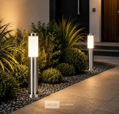4 x Buitenlamp Tuinpaal – E27 – Chroom – IP44 – 500mm – DEFNE-4 – kavel bij Belga Veilingen