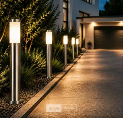 4 x Buitenlamp Tuinpaal – E27 – Chroom – IP44 – 800mm – DEFNE-5 – kavel bij Belga Veilingen