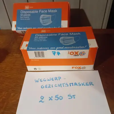 2 dozen van 50 stuks wegwerp gezichtsmaskers / mondmaskers, merk Fox Med (Lot: 77) – kavel bij Goeiendeal, Lommel