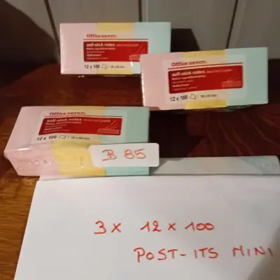 3 verpakkingen met elk 12 blokken van 100 stuks mini zelfklevende memobriefjes / self-stick notes in pastelkleuren, merk Office Depot (Lot: B 85) – kavel bij Goeiendeal, Lommel