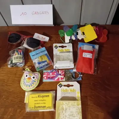 Assortiment van 10 stuks diverse gadgets en kleinwaren waaronder een zonnebril, gordijnhaakjes van Hello Yello en een gehaakt uiltje (Lot: B 96) – kavel bij Goeiendeal, Lommel