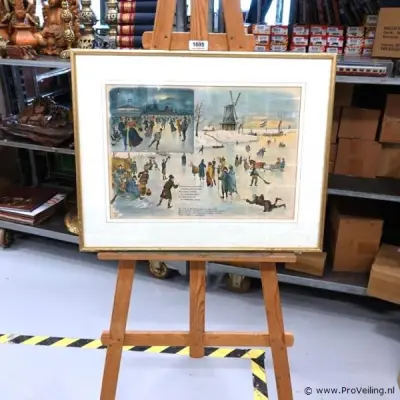 Oude kleurenlitho met een winterse schaatsscène in Hollandse stijl – kavel bij ProVeiling, Wageningen