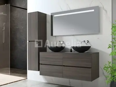 Badkamermeubel 130 cm - Donker hout decor + zwarte waskommen - Incl. muurkranen – kavel bij Auctelia, Tholen