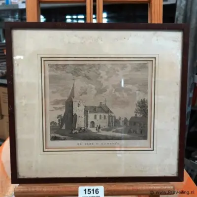 Historische gravure van de kerk te Ommeren – kavel bij ProVeiling
