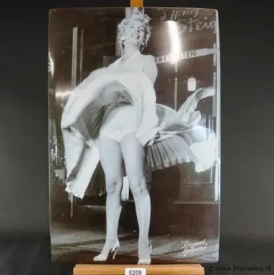 Lithografie bord met Marilyn Monroe in haar opwaaiende witte jurk, gemaakt door de bekende fotograaf Bernard of Hollywood – kavel bij ProVeiling, Wageningen