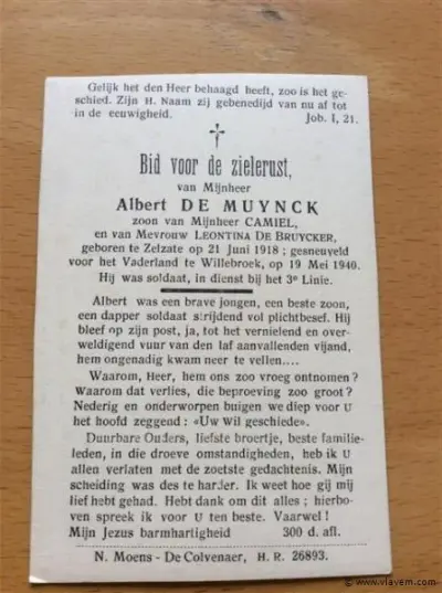 Bidprentje Soldaat – kavel bij Vlavem
