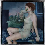 Clara Francisca (Clary) Mastenbroek – Mastenbroek, Clara Francisca (Clary) (Hilversum 1947-) "Vrouw met maskerade", olieverf/linnen, h 100 x b 100 cm – kavel bij Veilinghuis Omnia