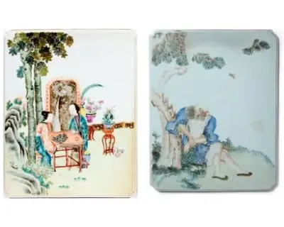Chine, XIXe siècle Paire de plaques en porcelaine à décor en émaux de la… – kavel bij Galerie Moderne, Elsene (Brussel)