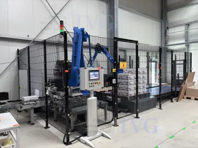 Roboterzelle zur Dosen-/ Kartonagen-Aufstapelungsanlage auf Palette THULL – kavel bij IVG, Neuenburg