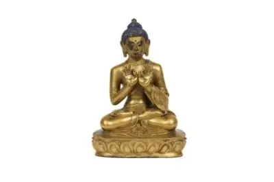 Tibet, XVIIIe siècle Statue de Bouddha en bronze doré et polychromé représenté assis sur… – kavel bij Galerie Moderne, Elsene (Brussel)