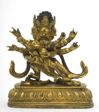 Tibet, XVIIIe siècle Statue de Yamataka en bronze doré représenté debout Hauteur: 13 cm… – kavel bij Galerie Moderne, Elsene (Brussel)