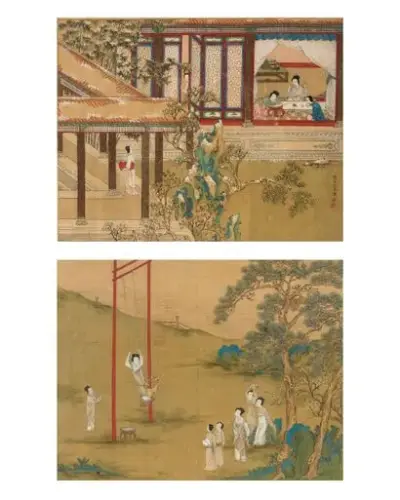 D'après Qiu YING (1494-1551/52) La balançoire et La broderie Paire d'encres et couleurs sur… – kavel bij Galerie Moderne, Elsene (Brussel)