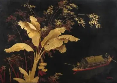 Trương VAN THÀNH (1918-1992), Maison Thanh Lê Feuilles de bananiers et bambous Panneau laqué… – kavel bij Galerie Moderne, Elsene (Brussel)