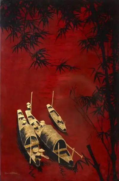 HOANG NGOC, école de Thu Dao Môt, vers 1940 Sampans et bambous Panneau laqué… – kavel bij Galerie Moderne, Elsene (Brussel)