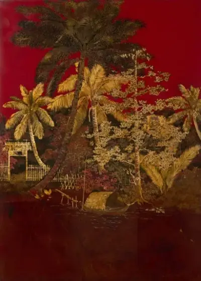 Maison Thanh Lê, vers 1940 Paysage aux cocotiers Panneau laqué, or et argent brossés… – kavel bij Galerie Moderne, Elsene (Brussel)