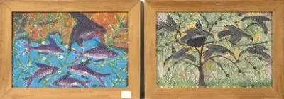 Victor KABINDA (1927-*) Poissons et Oiseaux Paire d'huiles sur toile marouflée sur carton Signées… – kavel bij Galerie Moderne, Elsene (Brussel)