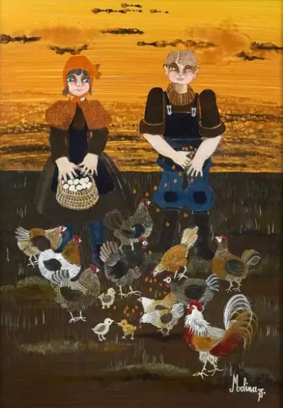 Danielle MOLINA (1939-*) Couple aux poules, 1975 Huile sur panneau Signé et daté en… – kavel bij Galerie Moderne, Elsene (Brussel)
