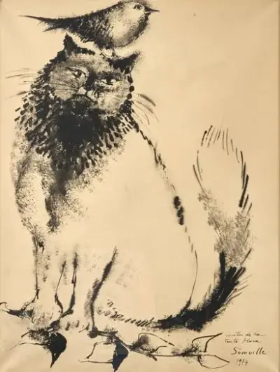 Roger SOMVILLE (1923-2014) Chat et oiseau, 1974 Encre de Chine sur papier Signé et… – kavel bij Galerie Moderne, Elsene (Brussel)