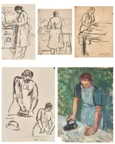Henri Victor WOLVENS (1896-1977) Travail domestique Lot de cinq techniques mixtes sur papier Signées… – kavel bij Galerie Moderne, Elsene (Brussel)