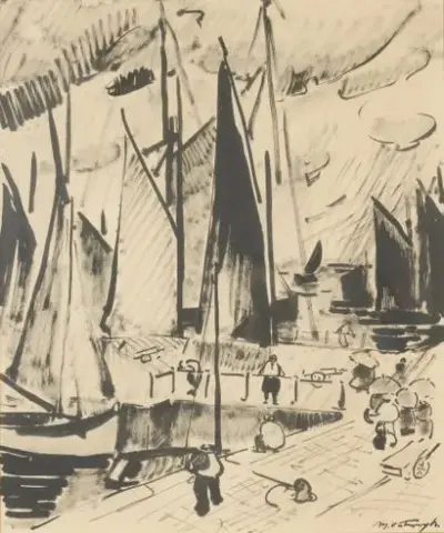 Médard VERBURGH (1886-1957) Quai des pêcheurs à Ostende, 1922 Encre de Chine sur papier… – kavel bij Galerie Moderne, Elsene (Brussel)