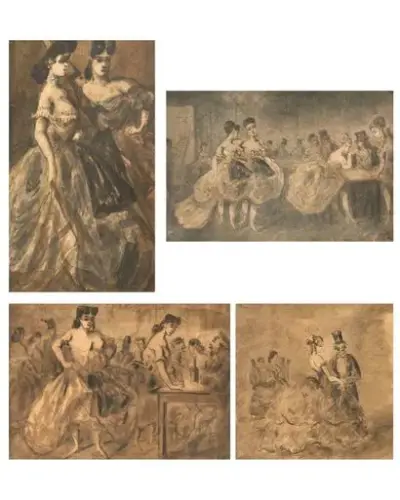 Constantin GUYS (1802-1892) Scènes de bal Lot de quatre dessins sur papier L'un est… – kavel bij Galerie Moderne, Elsene (Brussel)