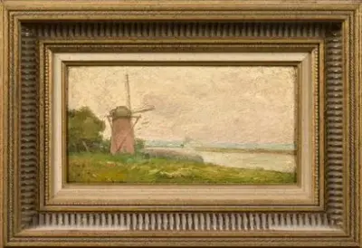 École du XXe siècle Moulin à vent Huile sur panneau Signé – kavel bij Galerie Moderne, Elsene (Brussel)