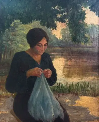 Alphonse GLAVELEIRE (XIX-XX) La brodeuse, 1916 Huile sur toile Signé et daté "Alphonse Glaveleire… – kavel bij Galerie Moderne, Elsene (Brussel)