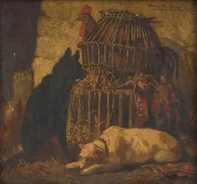 Henriëtte RONNER-KNIP (1821-1909) Chiens et coqs Huile sur panneau Signé en haut à droite… – kavel bij Galerie Moderne, Elsene (Brussel)