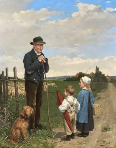Adolf SCHILL (1848-1911) Entretien avec le berger Huile sur toile Signé "A Schill" en… – kavel bij Galerie Moderne, Elsene (Brussel)