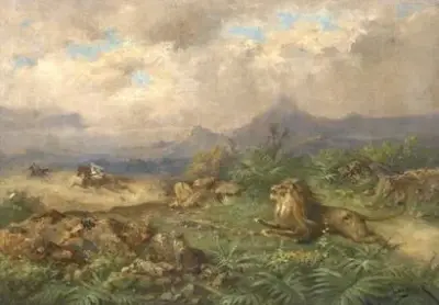 Henri LANGEROCK (1830-1915) La chasse aux lions Huile – kavel bij Galerie Moderne, Elsene (Brussel)