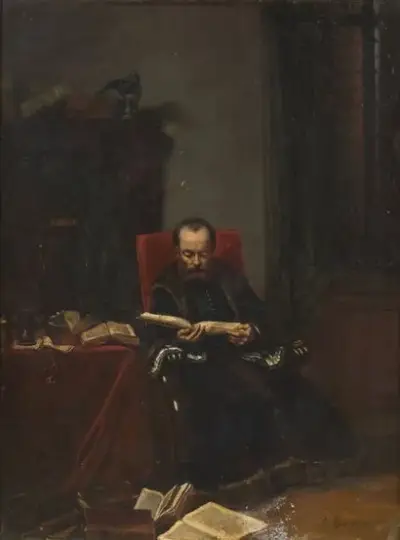 Henri LEYS (1815-1869) Homme à la lecture, 1855 Huile – kavel bij Galerie Moderne, Elsene (Brussel)