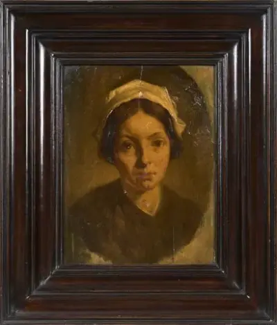 Travail du XIXe siècle Femme au bonnet Huile sur panneau Étiquettes – kavel bij Galerie Moderne, Elsene (Brussel)