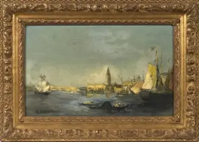 École du XIXe siècle Vue de Venise Huile sur panneau Signé en bas à… – kavel bij Galerie Moderne, Elsene (Brussel)