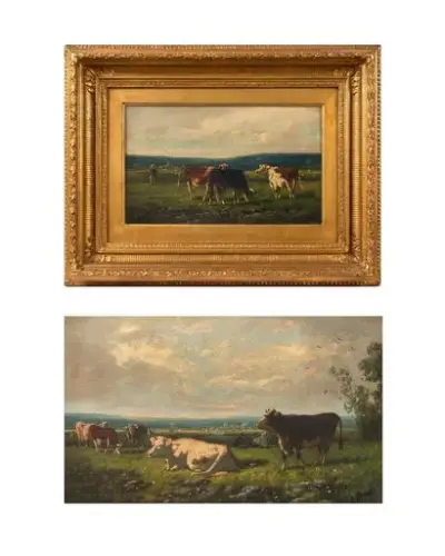 École du XIXe siècle Vaches au pâturage, 1886 Paire d'huiles sur toile Signées et… – kavel bij Galerie Moderne, Elsene (Brussel)