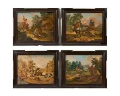 Travail du XVIIIe siècle Scènes de chasse Série de – kavel bij Galerie Moderne, Elsene (Brussel)