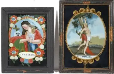Travail du XVIIIe siècle Sainte Madeleine et Saint Sébastien Lot de deux églomisés 25,5… – kavel bij Galerie Moderne, Elsene (Brussel)