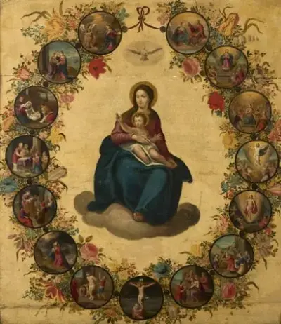 Travail flamand vers 1650 Madone du rosaire Huile sur panneau Vierge à l'enfant entourée… – kavel bij Galerie Moderne, Elsene (Brussel)