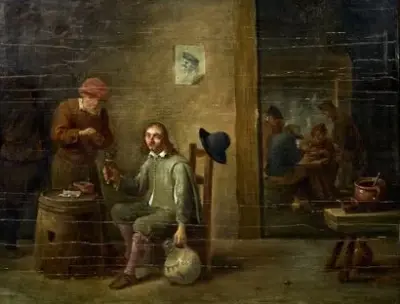 Suiveur de David TENIERS (1610-1690) Scène d'auberge Huile – kavel bij Galerie Moderne, Elsene (Brussel)