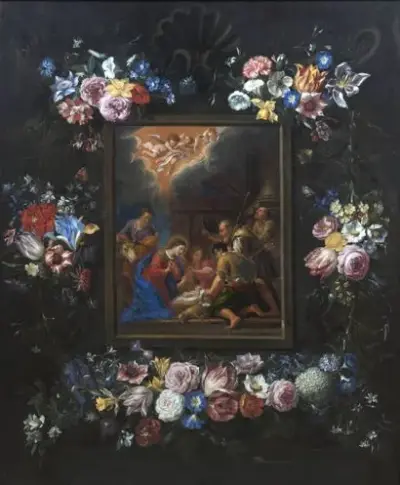 École flamande du XVIIe siècle Guirlande de fleurs encadrant une Nativité Huile sur toile… – kavel bij Galerie Moderne, Elsene (Brussel)
