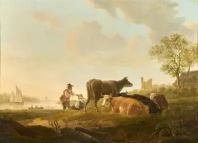 École flamande du XVIIe siècle Vaches dans un pré Huile – kavel bij Galerie Moderne, Elsene (Brussel)