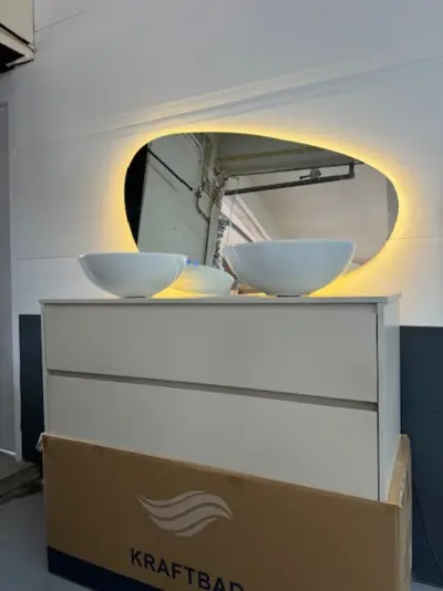 Badmeubel 120cm incl. 1x verwarmde led spiegel en 2x waskom wit, Kraftbad, Stuttgart 120cm, Beige, 2026 – kavel bij Onlineveilingmeester, Groningen