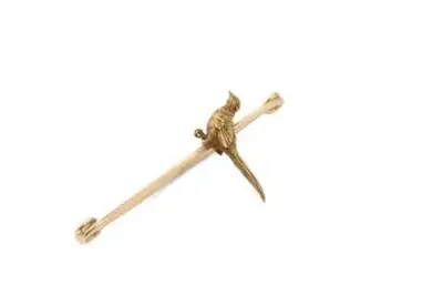 Épingle "oiseau" en or jaune 18k (750°/°°) Inscription "Carnaval de Venise" Poinçon Longueur: 6… – kavel bij Galerie Moderne, Elsene (Brussel)