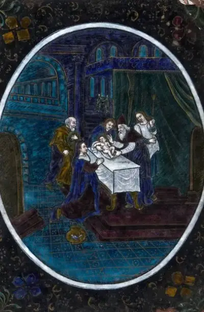 Travail de Limoges du XVIIe siècle Naissance du Christ Plaque en émail de Limoges… – kavel bij Galerie Moderne, Elsene (Brussel)